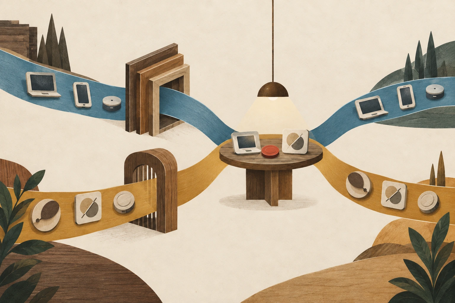 Blue system-access and ochre fraud-decision ribbons meet at one shared evidence table, then separate again.