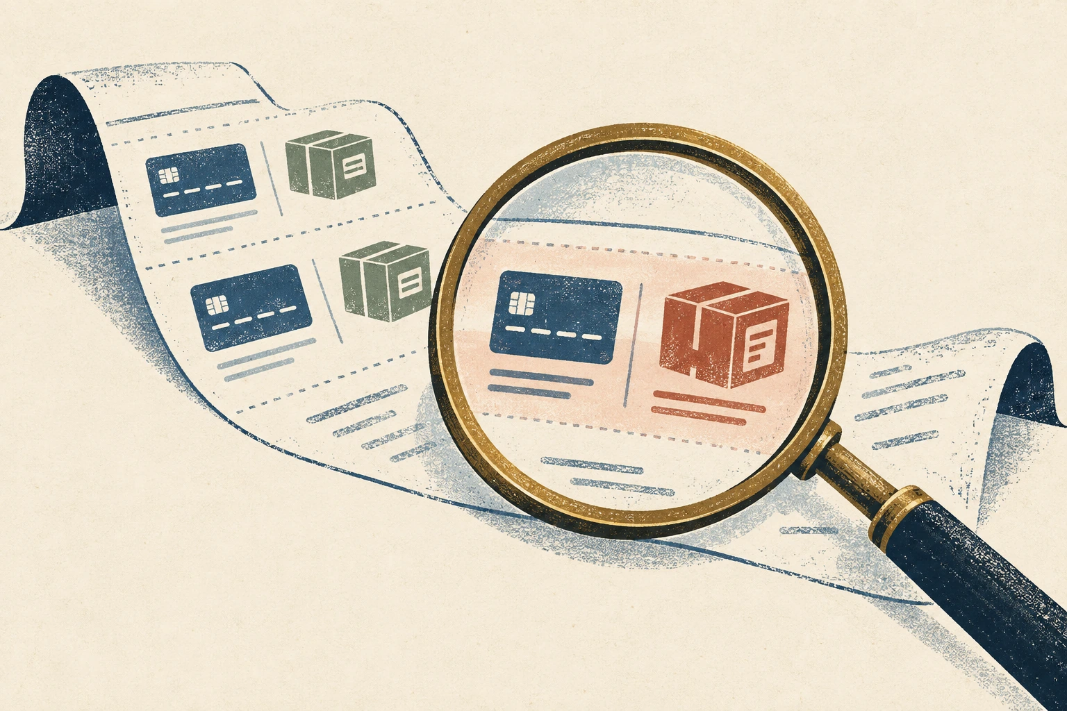A magnifying lens reveals a mismatch between a payment-card record and a parcel on a transaction receipt.
