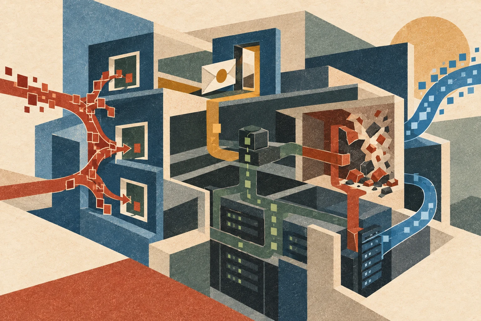 A common malicious-software structure branches into spying, credential theft, disruption and extortion behaviors.