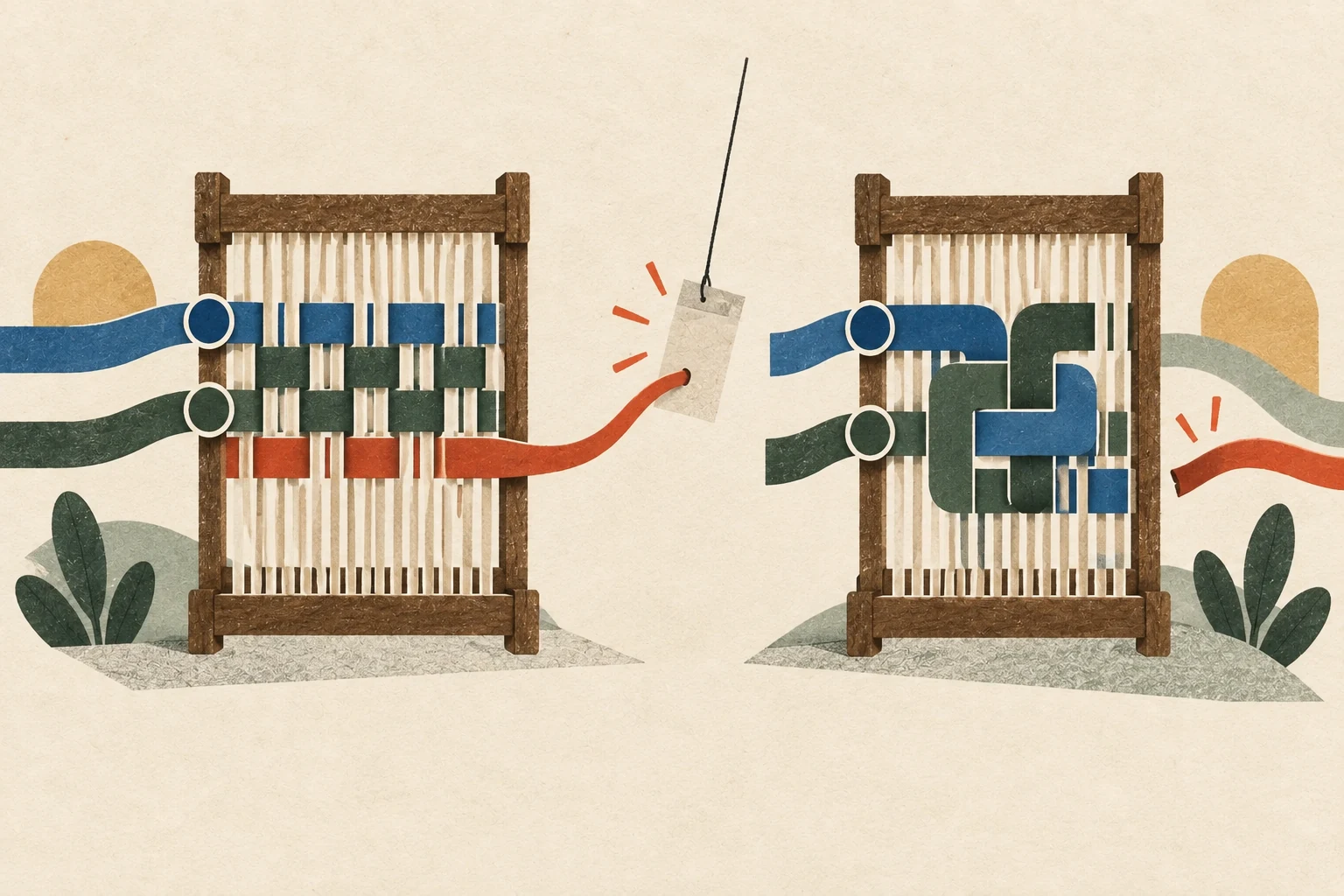 Two verification strands are woven beside a site-and-device weave that excludes an unmatched lure thread.
