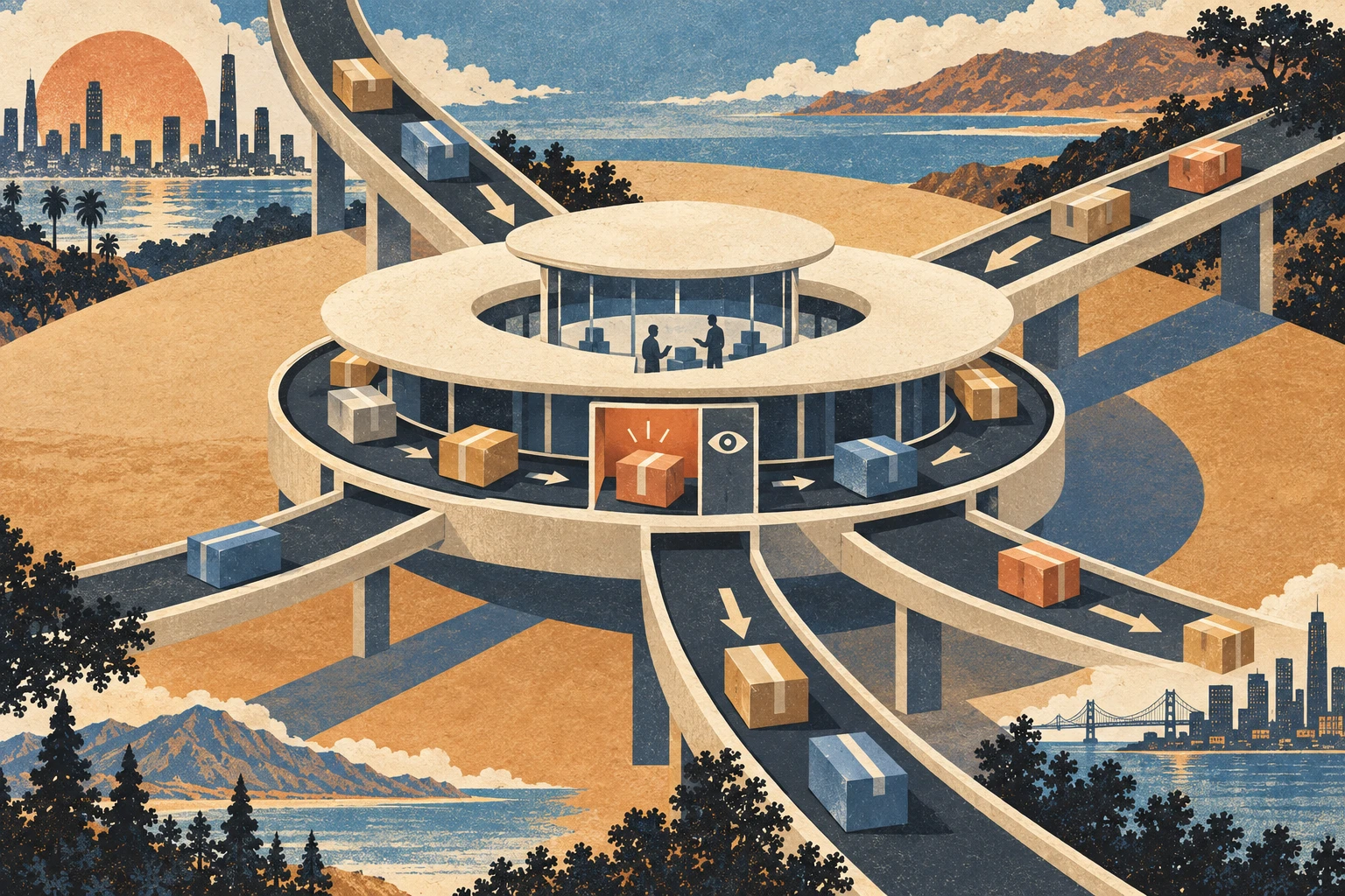 Neutral parcels arrive from several origins, pass through one intermediary hub, and split toward other destinations while one parcel pauses for review.