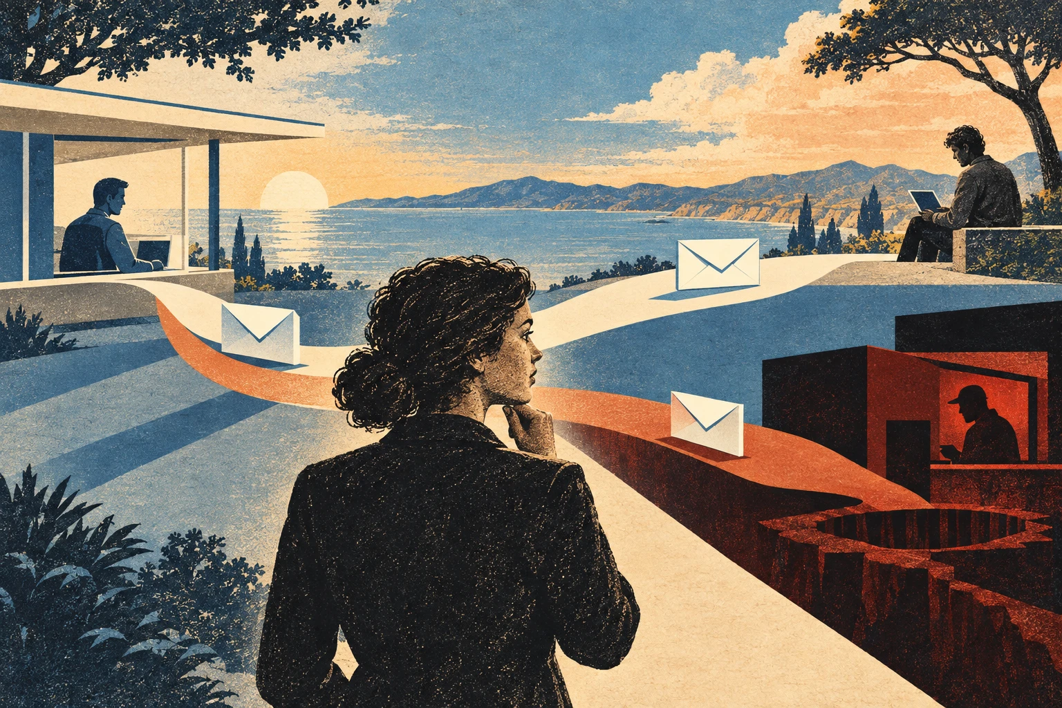 A recipient pauses where a legitimate message route and a deceptive route using the same envelope shape lead to different destinations.