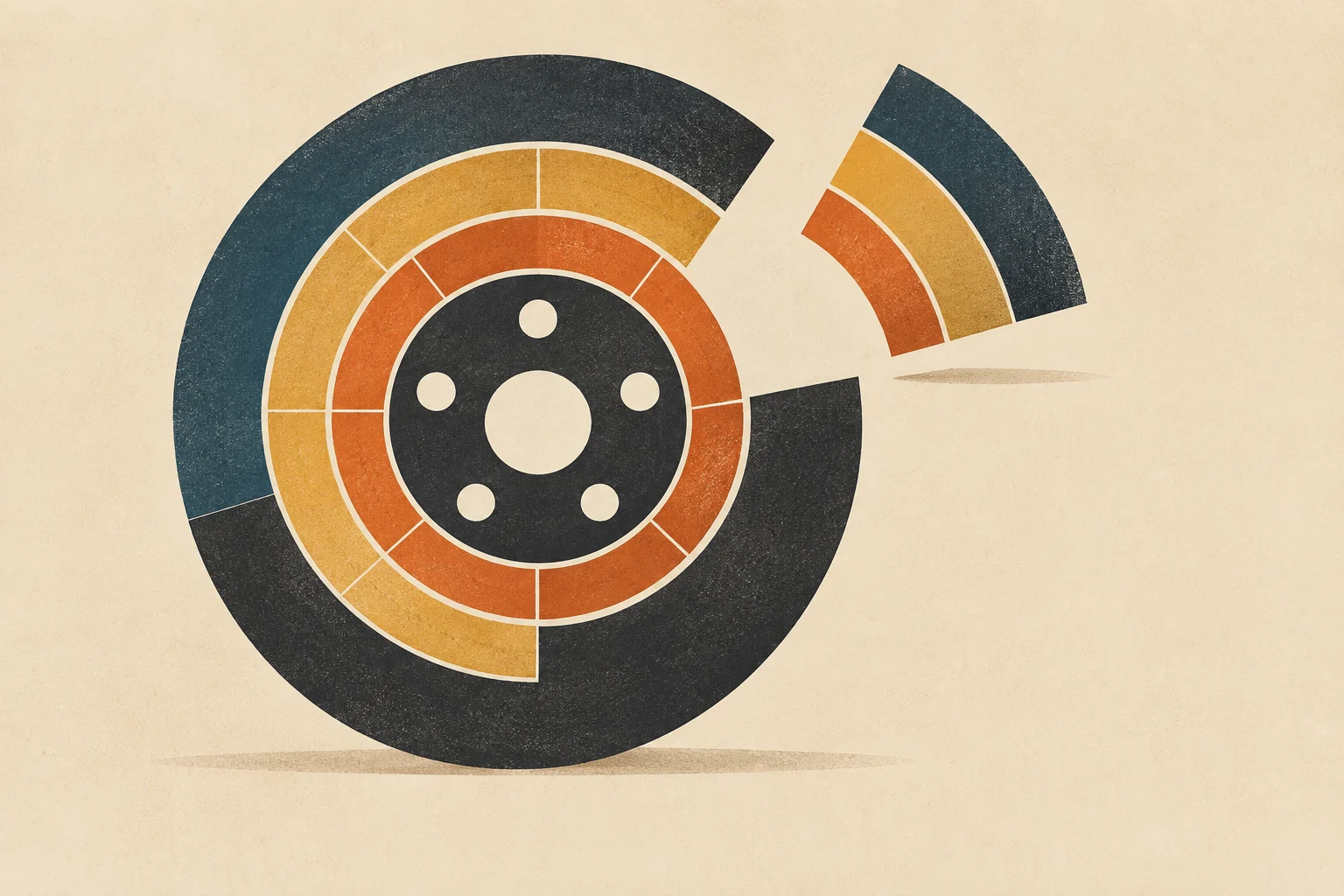A wheel is shown with one separated segment ready for inspection and replacement.