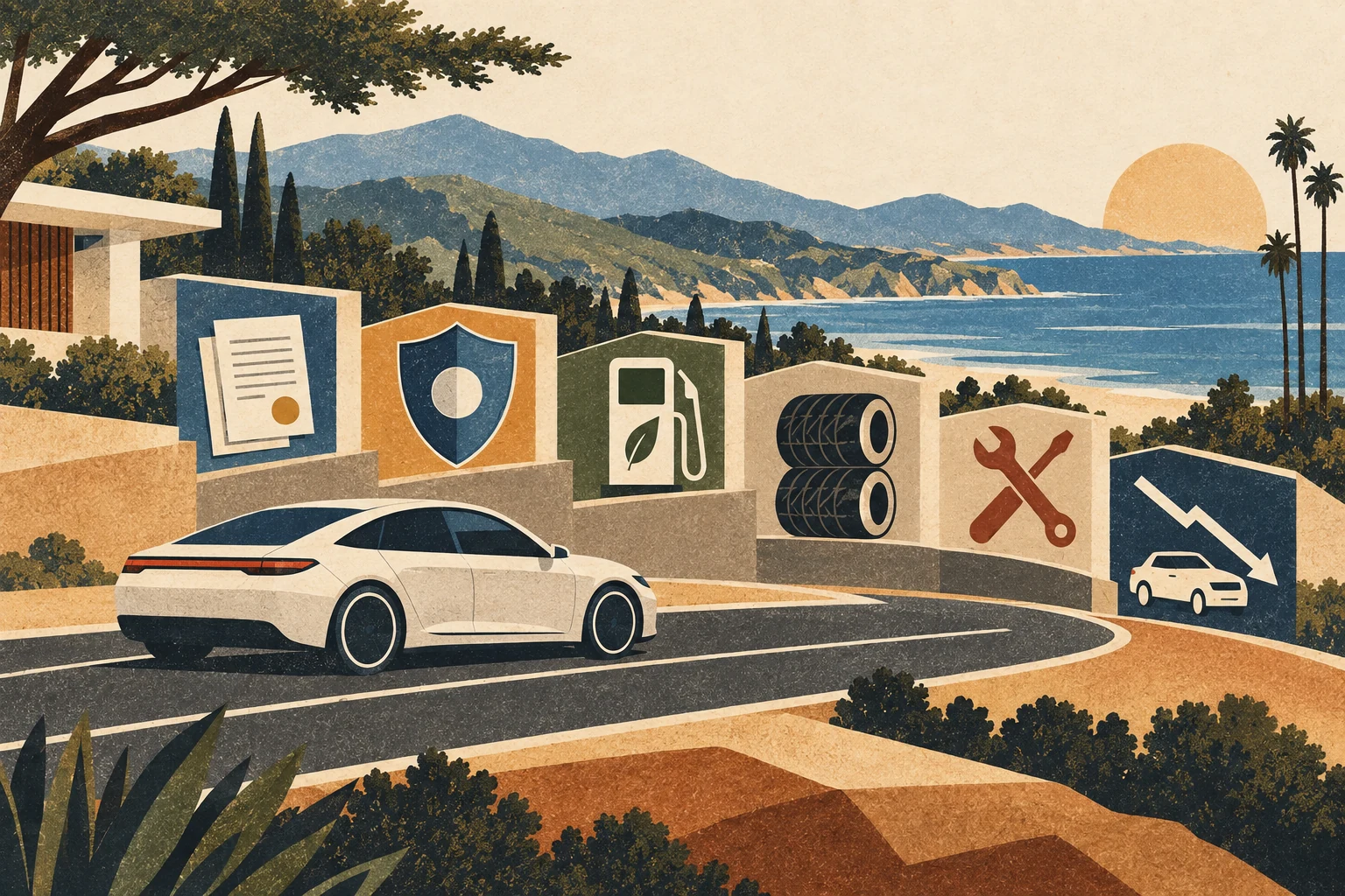A car passes financing, insurance, energy, tires, service and declining resale stages along one ownership road.