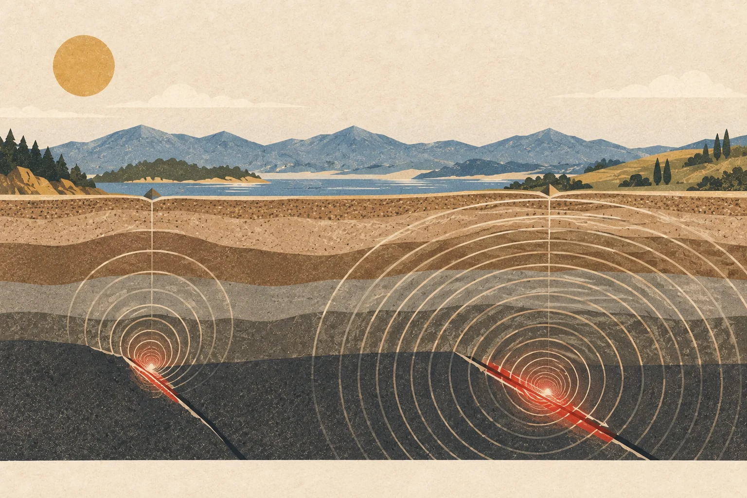 Two fault ruptures at the same scale send compact and much broader seismic wave fields through one shared landscape.