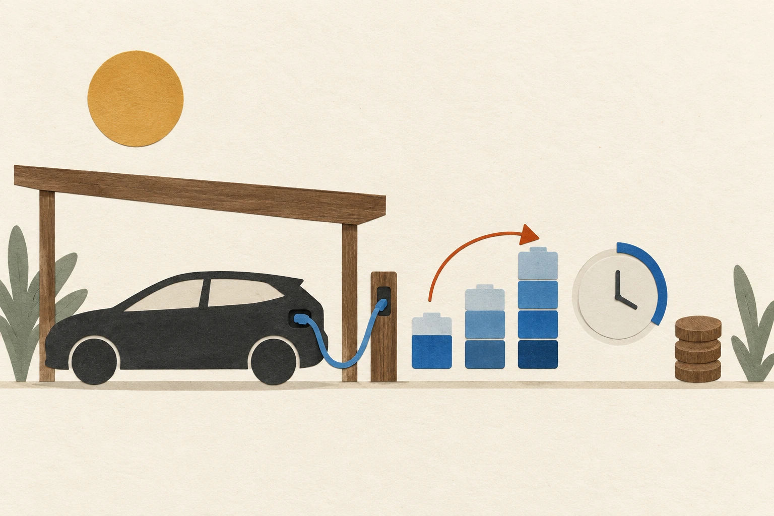 A flat unbranded car charges beside energy target stacks, an incomplete time arc, and separate walnut cost discs.