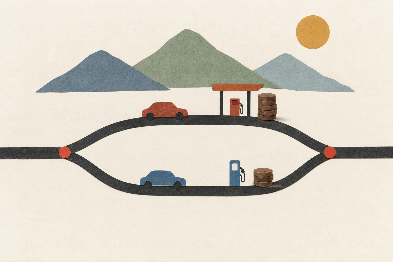 One road divides into fuel and charging routes with separate cost-disc stacks, then rejoins at the same destination.