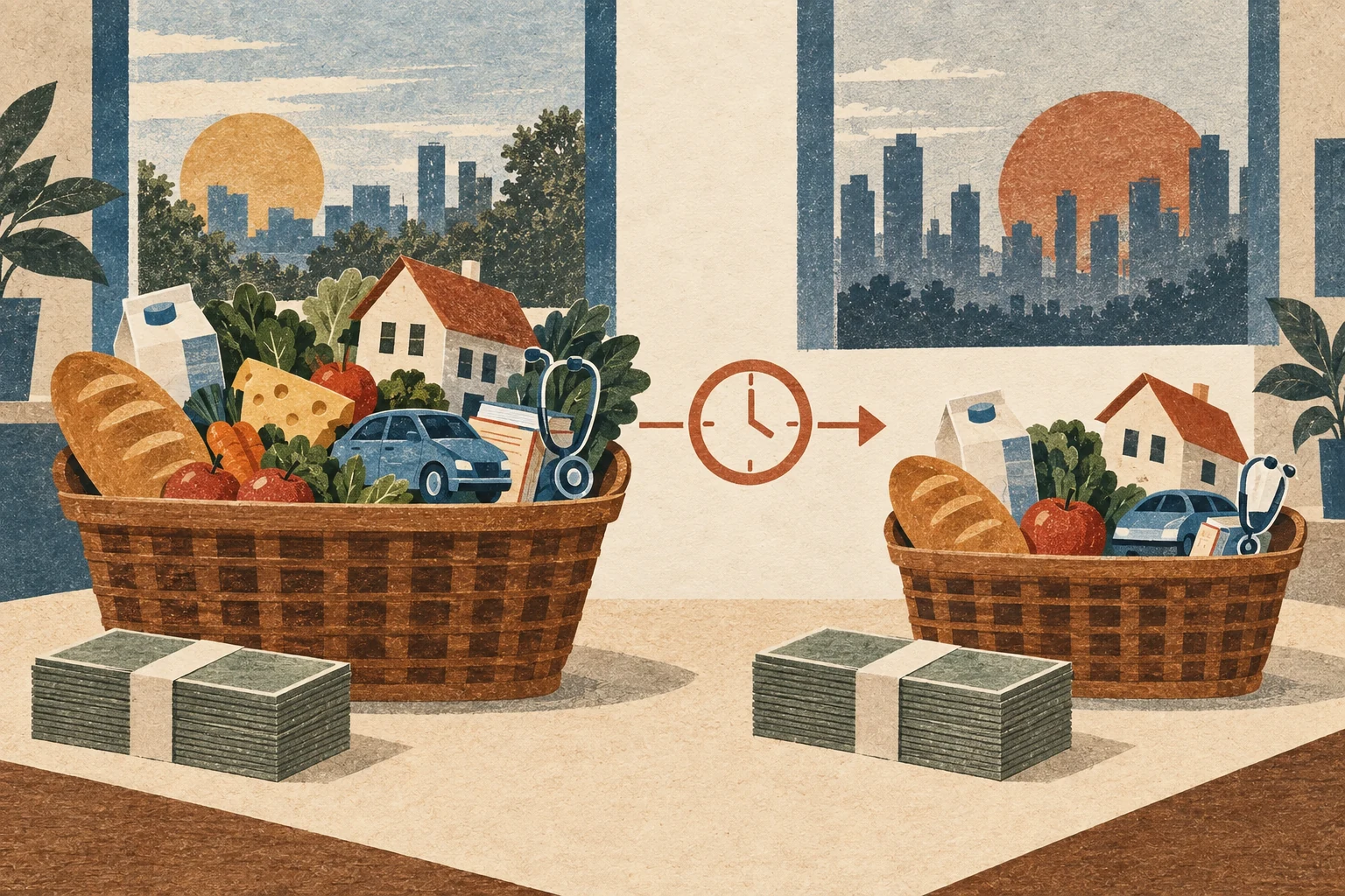 Two baskets of everyday goods flank an elapsed-time marker and differently sized stacks of money.